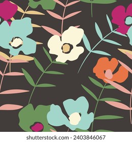 Seamless floral pattern with roses based on traditional folk art ornaments. Colorful flowers on white background. Doodle style. Vector illustration. Design for fabric, textile, paper.