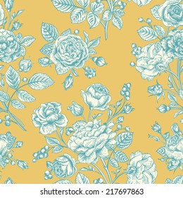 Seamless floral pattern with roses and berries on a yellow background. Vintage vector illustration.