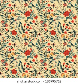 Seamless floral pattern with of roses and birds. Vector background.