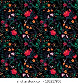 Seamless floral pattern with of roses and birds. Vector background.