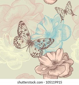 Seamless floral pattern with roses and butterflies, hand-drawing. Vector.