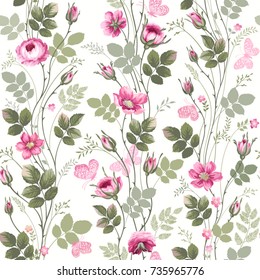 seamless floral pattern with  roses and butterflies