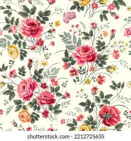 patrón floral sin fisuras con rosas y mariposa. patrón vectorial