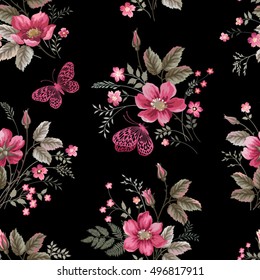 seamless floral pattern with roses and butterfly on black background