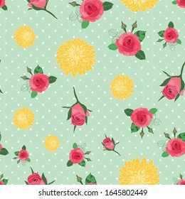 Seamless floral pattern roses and chrysanthemum on polka dots green background