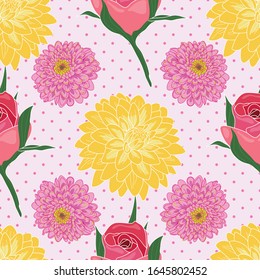 Seamless floral pattern roses and chrysanthemum on pink poka dots background