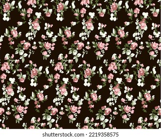 Seamless floral pattern with roses. Cute floral print in the small flowers on black baskground. Vector illustration.