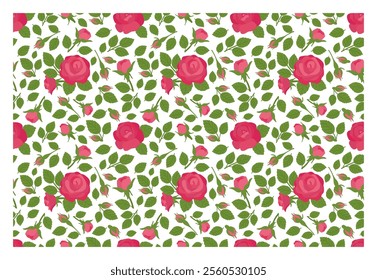 Seamless floral pattern with roses. Pattern of delicate flowers and rosebuds, leaves and leaflets. Vector illustration for background, texture, wrapper pattern, frame or border.