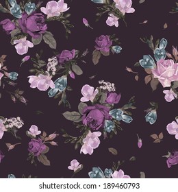 Seamless floral pattern with of roses and freesia, watercolor. Vector background.