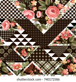 seamless floral pattern with roses and geometric elements