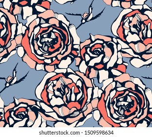Seamless floral pattern with roses hand drawing decorative background. Vector Illustration. Print for textile, cloth, wallpaper, scrapbooking