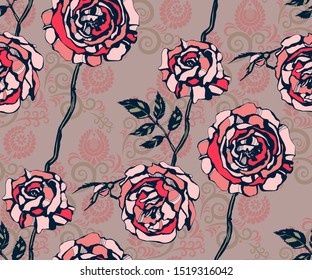 Seamless floral pattern with roses hand drawing decorative background. Ethnic seamless pattern ornament. Vector Illustration. Print for textile, cloth, wallpaper, scrapbooking