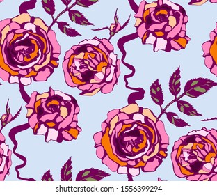 Seamless floral pattern with roses hand drawing decorative background. Vector Illustration. Print for textile, cloth, wallpaper, scrapbooking
