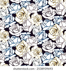 Seamless floral pattern with roses, hand drawn, Vector illustration, wallpaper seamless vintage rose flower pattern on black background with four trending colors.