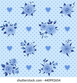 Seamless floral pattern with roses and hearts. Vintage polka dot blue background. May be use as fills, digital paper, or print onto fabric. Vector illustration. 
