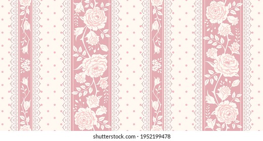 Seamless floral pattern with roses and laces for wallpaper, fabric, gift wrap, digital paper, fills, etc. Vector vintage background, border. Shabby chic style