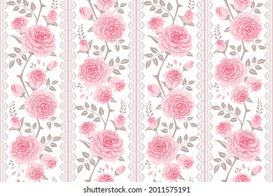 Seamless floral pattern with roses and laces. Shabby chic style. Vector vintage ornamental background, border for wallpaper, fabric, gift wrap, digital paper, fills, etc.