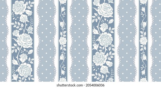 Seamless floral pattern with roses and laces for wallpaper, fabric, gift wrap, digital paper, fills, etc. Vector vintage background, border.