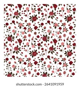 Seamless floral pattern with roses and leaves. Burgundy and pink flowers on a white background. Great for fabrics, textiles, wallpaper, scrapbooking, or any creative design project.
