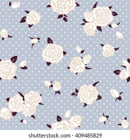 Seamless floral pattern with roses and leaves. Vintage polka dot background. May be use as digital paper, fills, print off onto fabric.