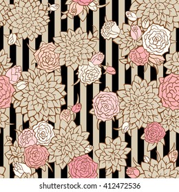 Seamless floral pattern with roses and leaves. Vintage striped background. May be use as digital paper, fills, print off onto fabric.