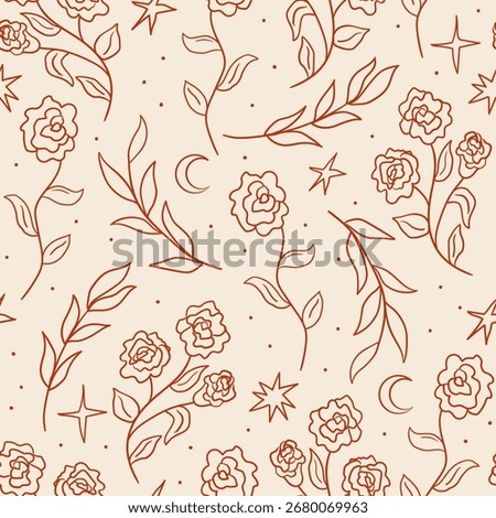Seamless floral pattern with roses, leaves, stars and moon. Vector mystical boho background in line art style. Decorative botanical design for textile, wallpaper, wrapping paper, etc.