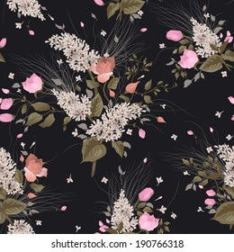Seamless floral pattern with roses and lilac on black background. Vector illustration.
