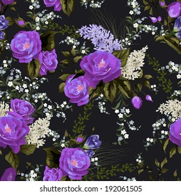 Seamless floral pattern with roses and lilac on black background. Vector illustration.