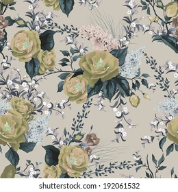 Seamless floral pattern with roses and lilac on light background. Vector illustration.