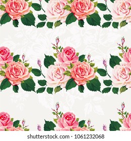 Seamless floral pattern with roses on green leaves Vector Illustration