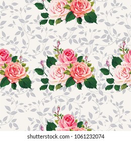 Seamless floral pattern with roses on green leaves Vector Illustration