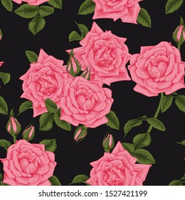 Seamless floral pattern with roses  on dark background. Engraving style. Template design for textiles, interior, clothes, wallpaper. Botany. Vector illustration art

