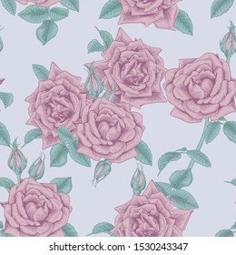 Seamless floral pattern with roses  on light background. Engraving style. Template design for textiles, interior, clothes, wallpaper. Botany. Vector illustration art

