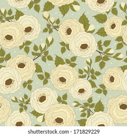 Seamless floral pattern with roses on green background