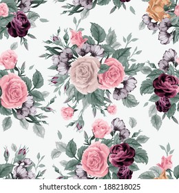 Seamless floral pattern with of roses on light background, watercolor. Vector illustration.