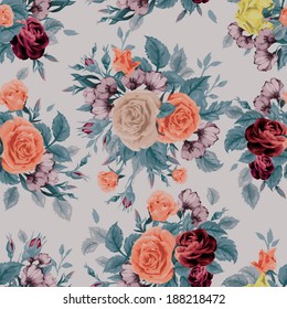 Seamless floral pattern with of roses on dark background, watercolor. Vector illustration.