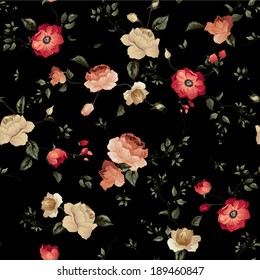 Seamless floral pattern with of roses on dark background, watercolor. Vector illustration.