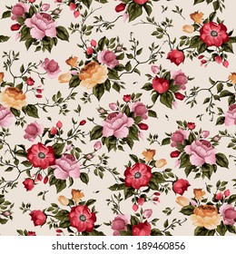 Seamless floral pattern with of roses on light background, watercolor. Vector illustration.