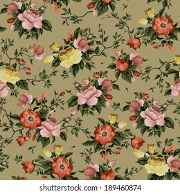 Seamless floral pattern with of roses on light background, watercolor. Vector illustration.
