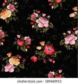 Seamless floral pattern with of roses on dark background, watercolor. Vector illustration.