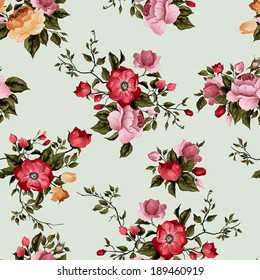 Seamless floral pattern with of roses on light background, watercolor. Vector illustration.