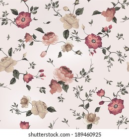 Seamless floral pattern with of roses on light background, watercolor. Vector illustration.