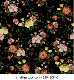 Seamless floral pattern with of roses on dark background, watercolor. Vector illustration.