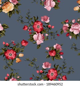 Seamless floral pattern with of roses on dark background, watercolor. Vector illustration.