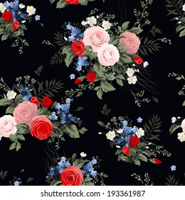 Seamless floral pattern with roses on black  background. Vector illustration.