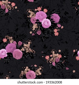 Seamless floral pattern with roses on dark  background. Vector illustration.