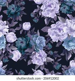 Seamless floral pattern with roses on dark background, watercolor. Vector illustration.