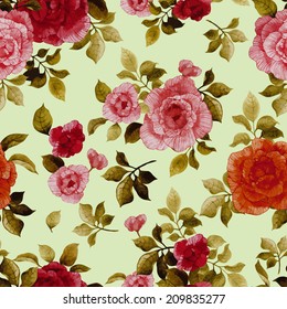Seamless floral pattern with roses on light background, watercolor. Vector illustration.