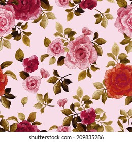 Seamless floral pattern with roses on light background, watercolor. Vector illustration.