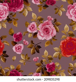 Seamless floral pattern with roses on dark background, watercolor. Vector illustration.